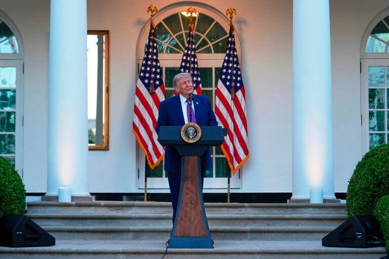 President Donald Trump speaks at a dinner for members of his administration and law enforcement organization leaders, during National Police Week, in the White House Rose Garden, Monday, May 11, 2026, in Washington. (AP Photo/Julia Demaree Nikhinson)