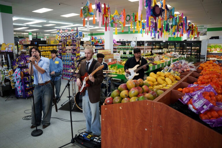 Bilingual alternative pop band Luna Luna performs in the produce section of Fiesta Fresh Market in New Castle, Delaware