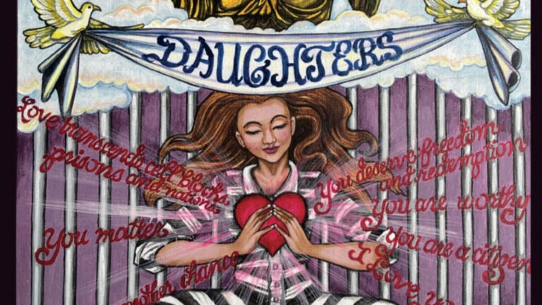 A woman in a striped prison uniform surrounded by words of affirmation.