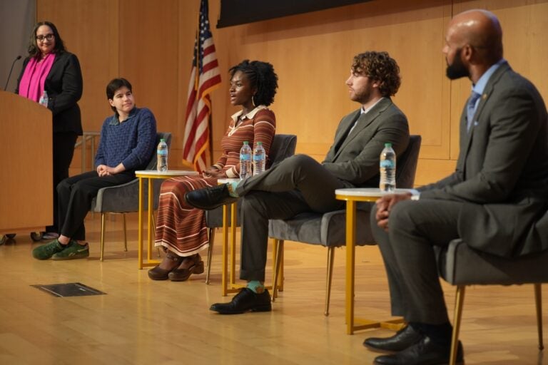 Moderator Sarah Glover (far left) and panelists from left, Sophia Gala, Maya Izzard, Tristan Worsham and Leon Smith discuss the impact of the American Revolution, representation and youth voices as America is set to celebrate the Semiquincentennial on July 4, 2026. (Joe Kaczmarek for WHYY News)