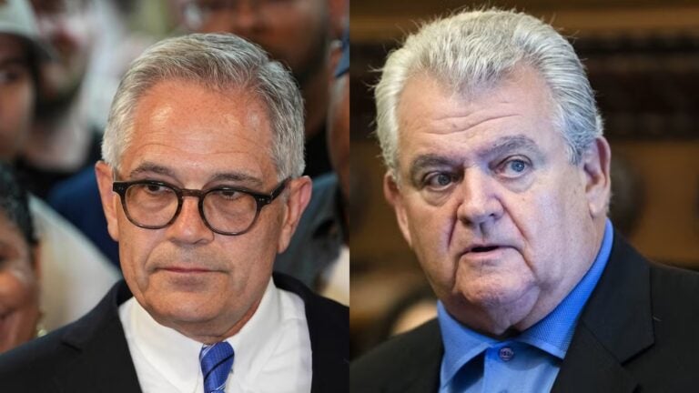side-by-side photos of Larry Krasner and Bob Brady