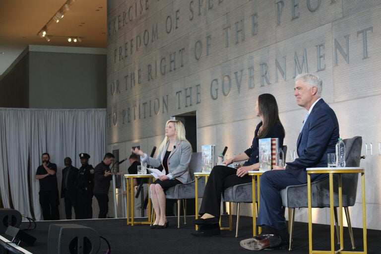From left, Julie Silverbook of the National Constitution Center moderated a discussion with Janie Nitze and U.S. Supreme Court Justice Neil Gorsuch about their children's book, 