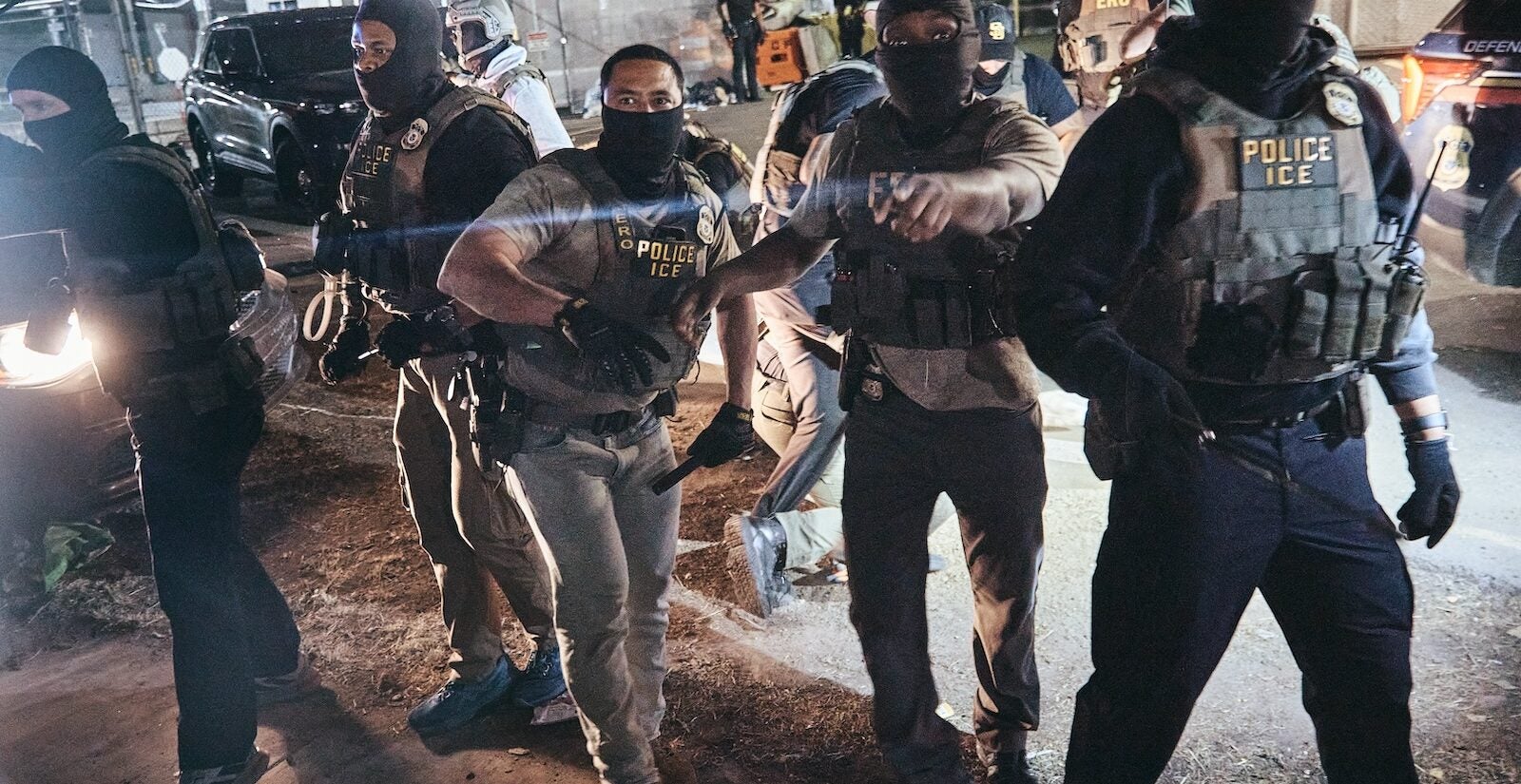 ICE agents go after protestors outside the Delaney Hall detention center during a protest on Wednesday, May 27, 2026, in Newark, N.J. Inside the facility, detainees carried out a labor and hunger strike for days over alleged living conditions.
