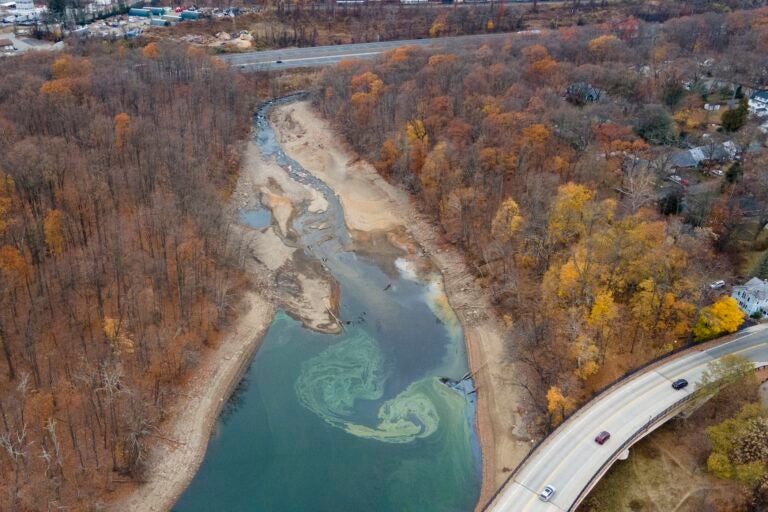 A reservoir is seen after some of the water has dried up