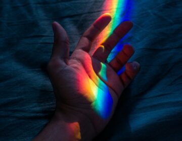 pexels-barcelos_fotos-1484908-3121976 An open palm hand with four colored light shinning on it —red, yellow, green and blue.