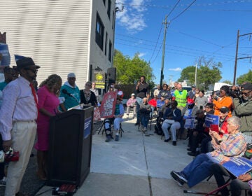 A group is gathered for a rally in West Philadelphia