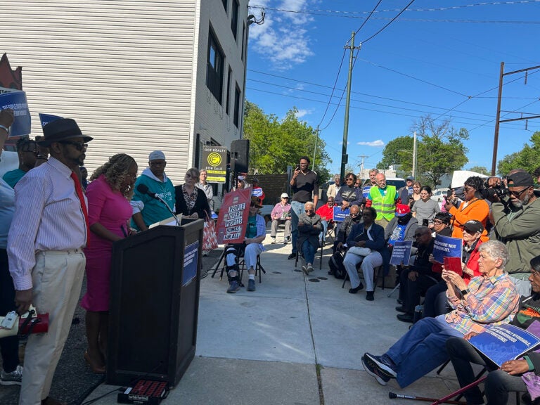 A group is gathered for a rally in West Philadelphia