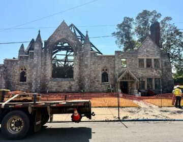 The remains of a church building are seen following a devastating fire.