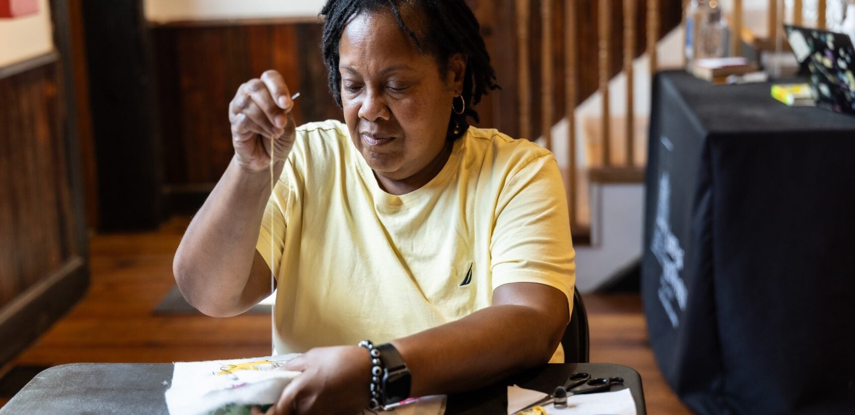 Felicia Biles at her monthly quilting workshop in Camden, N.J.
