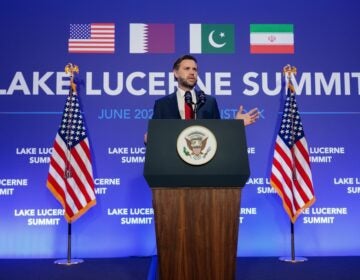 Vice President JD Vance speaks to members of the media after the U.S. and Iran held high-level talks at the Bürgenstock Resort in Obbuergen, near Lucerne, in Switzerland, Monday, June 22, 2026. (Nathan Howard/Pool Photo via AP)
