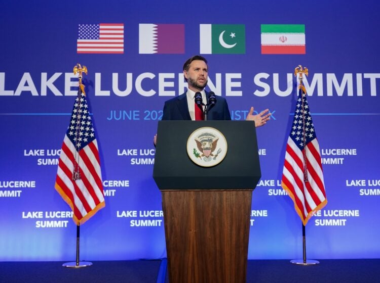APTOPIX Switzerland Iran US Negotiations Vice President JD Vance speaks to members of the media after the U.S. and Iran held high-level talks at the Bürgenstock Resort in Obbuergen, near Lucerne, in Switzerland, Monday, June 22, 2026. (Nathan Howard/Pool Photo via AP)