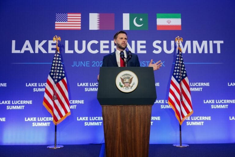 Vice President JD Vance speaks to members of the media after the U.S. and Iran held high-level talks at the Bürgenstock Resort in Obbuergen, near Lucerne, in Switzerland, Monday, June 22, 2026. (Nathan Howard/Pool Photo via AP)