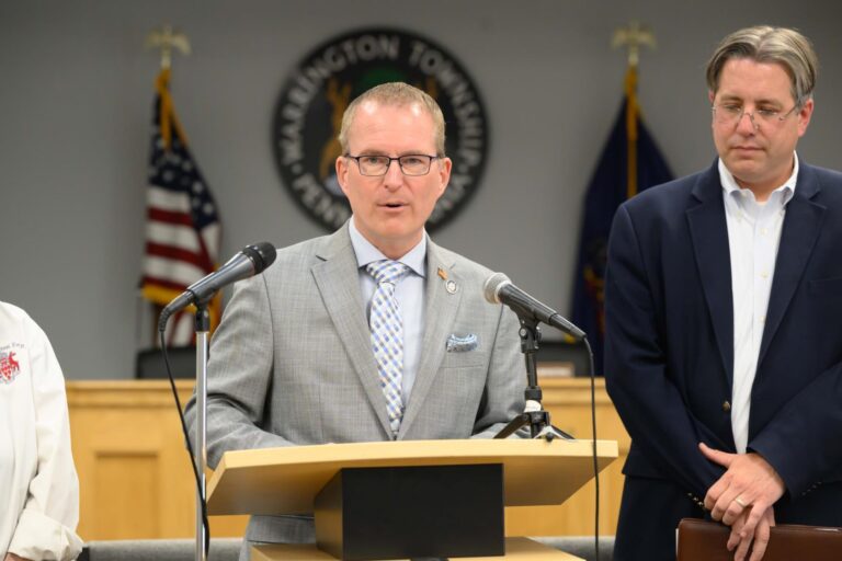 State Rep. Brian Munroe, D-Warminster, center, and state Rep. Tim Brennan, D-Doylestown