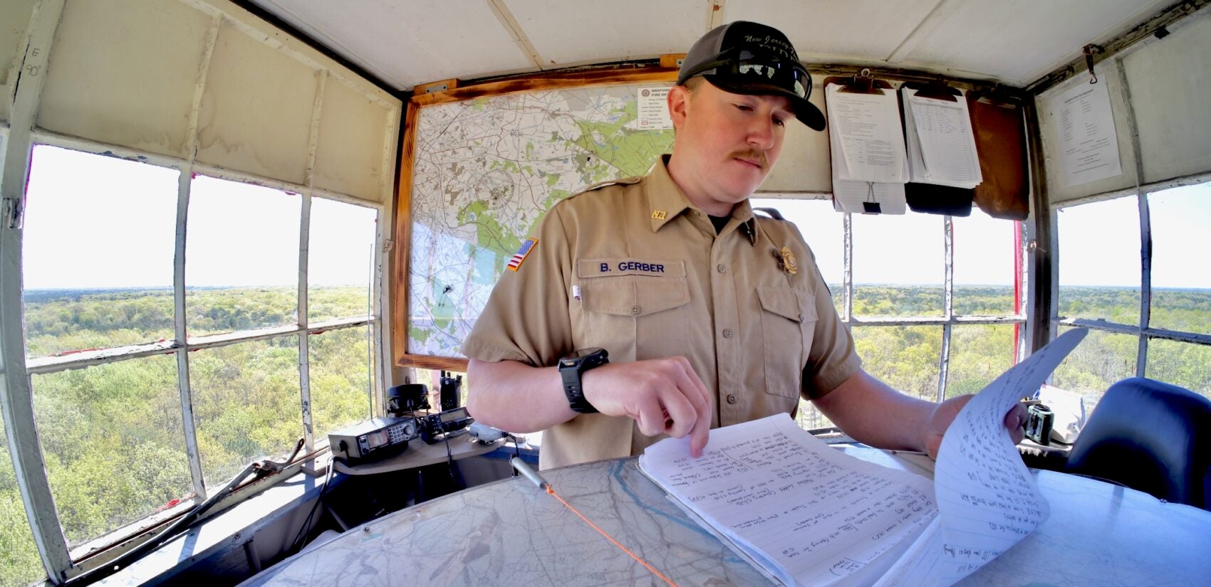 Brian Gerber at work up in the Medford Fire Tower in New Jersey.