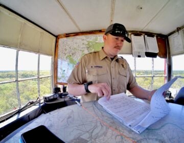 2026 04 27-e lee-brian gerber jr-medford nj fire tower-forest fire service notes Brian Gerber at work up in the Medford Fire Tower in New Jersey.