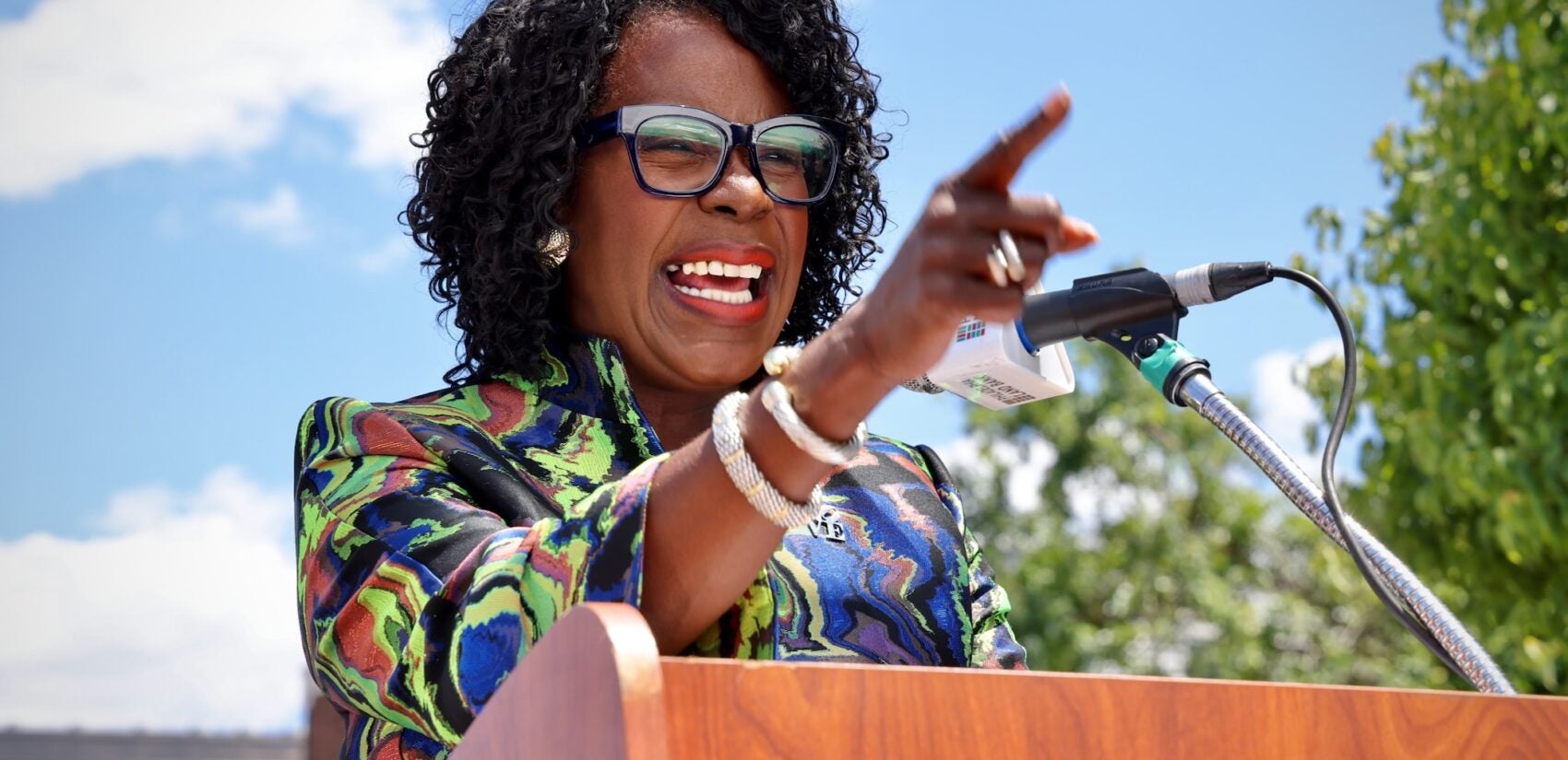 Cherelle Parker speaks at a podium.