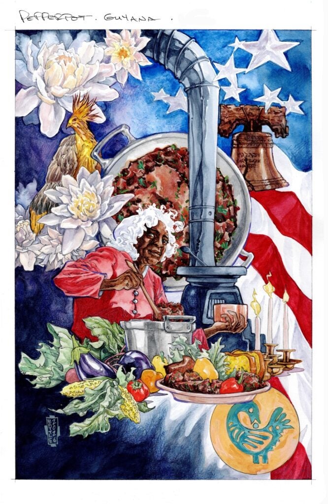 A painting of a Black woman making pepperpot soup.