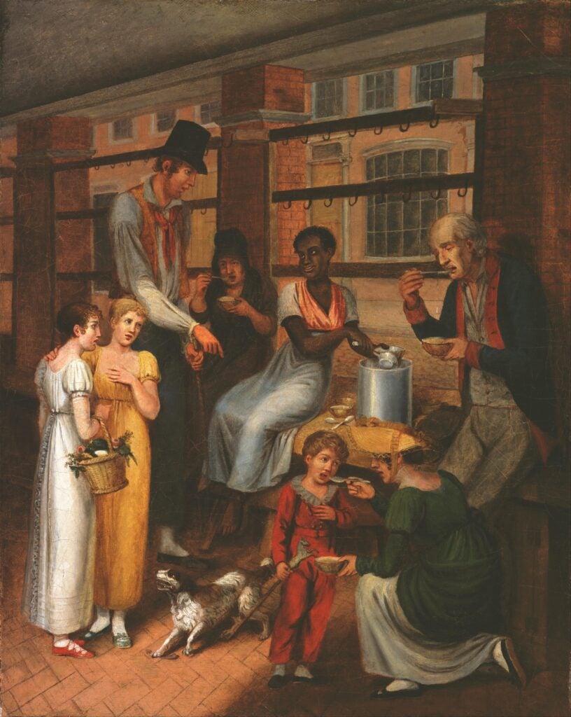 A painting depciting people in the market tasting the soup.