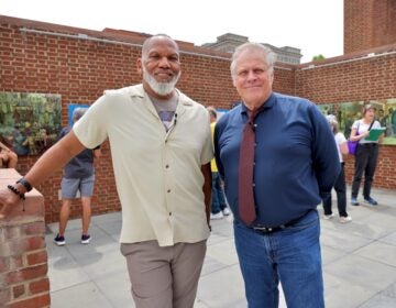 2026 06 19-e lee-kevin douglass green brian evans-philadelphia presidents house independence mall-juneteenth Kevin Douglass Green and Brian Evans pose for a photo at the President's House exhibit.