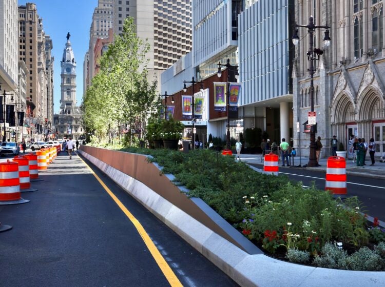 A block of South Broad Street in Philadelphia, between Spruce and Pine streets, is seen with a raised median filled with plantings