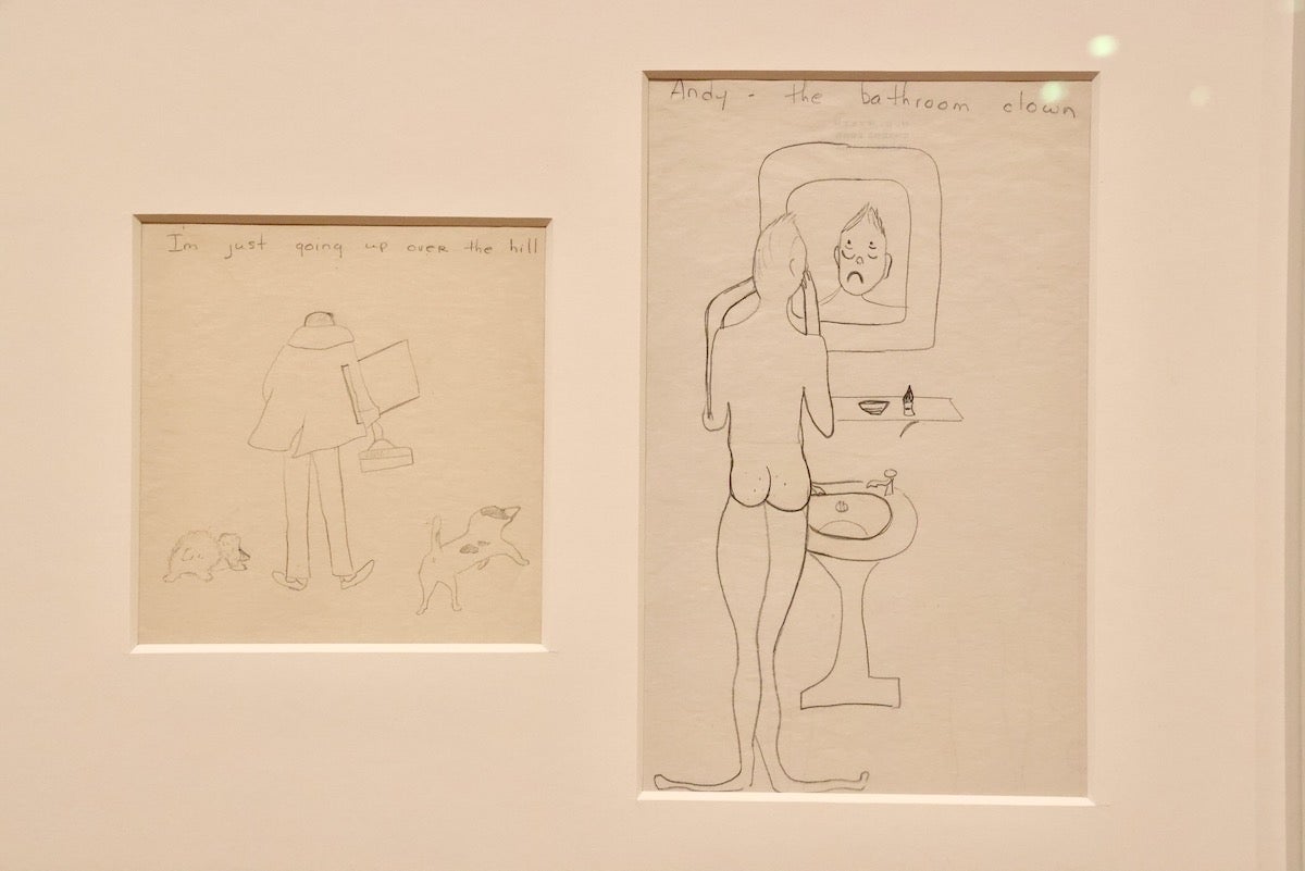Drawings by Betsy Wyeth of her husband include ''I'm Just Going Up Over The Hill'' (1952) and'' Andy - The Bathroom Clown'' (1950). (Emma Lee/WHYY)