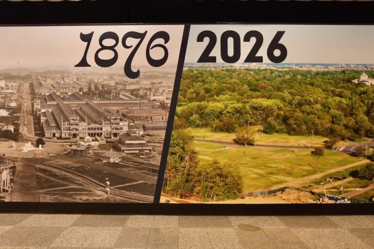 Photo of Centennial Exposition fairgrounds of 1876 in comparison to Fairmount Park today.