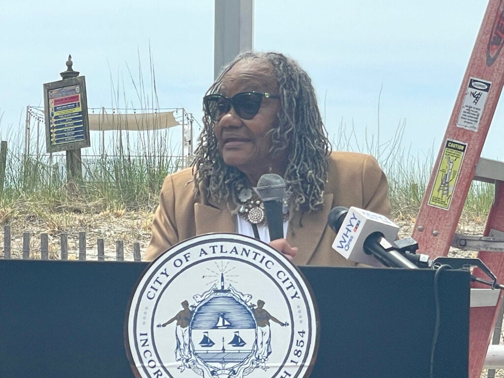 Henrietta Wallace Shelton, president of the Chicken Bone Beach Historical Foundation, gives remarks at the historical marker unveiling for the beach