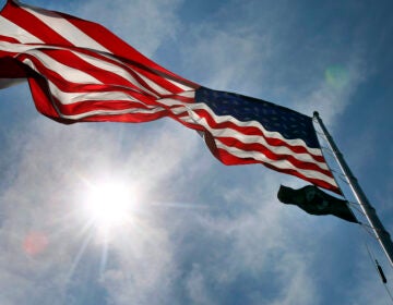 American Flag flying A flag flies over the Tobin Bridge in Boston Thursday, July 3, 2008. (AP Photo/Elise Amendola)