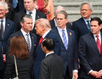 U.S. President Donald Trump looks on next to, from bottom right, U.S. Secretary of State Marco Rubio, U.S. Treasury Secretary Scott Bessent, U.S. Defense Secretary Pete Hegseth, Nvidia CEO Jensen Huang, top right, Tesla CEO Elon Musk, Apple CEO Tim Cook, top left, and others during a welcome ceremony at the Great Hall of the People in Beijing, Thursday, May 14, 2026. (Maxim Shemetov/Pool Photo via AP)