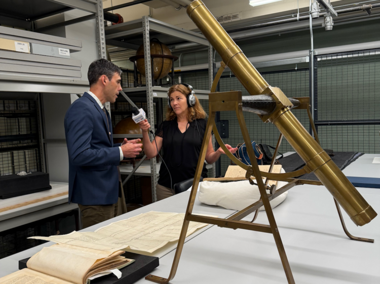 David Gary, the Associate Director of Collections at the American Philosophical Society, is showing Pulse Host Maiken Scott a telescope that was constructed by David Rittenhouse in the 18th Century. Rittenhouse used the telescope to track the Transit of Venus in 1769, just a few years before America declared independence from Great Britain.