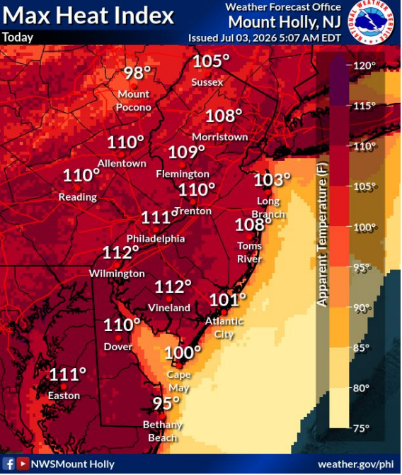 A National Weather Service map shows maximum heat indices for the Philadelphia region on Friday, with many cities in the triple digits.