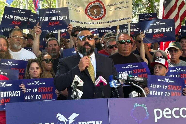 Larry Anastasi of IBEW local 614 speaks at a rally in Washington Square Park on June 25, 2025
