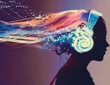 woman with magic glowing headphones on dark background, illustration painting (Grandfailure/Bigstock)