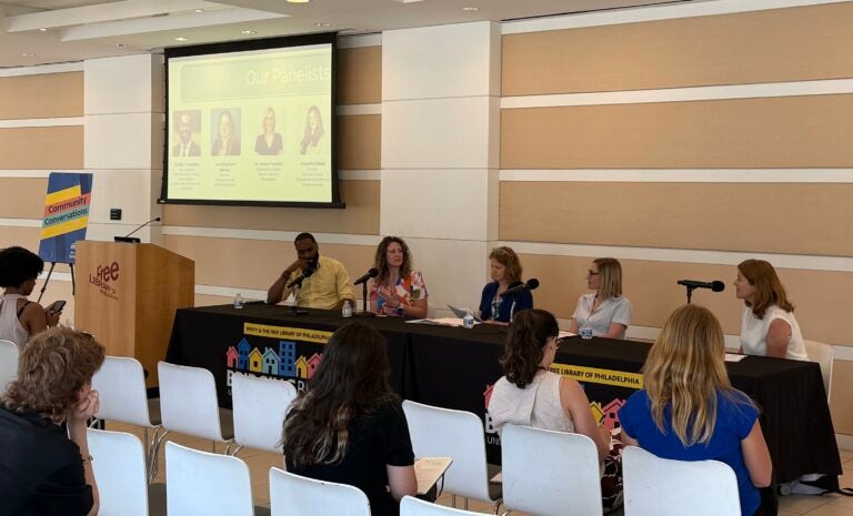 Panelists sit at a table with microphones for the panel discussion