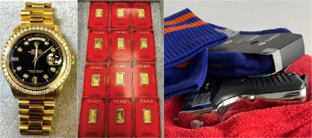 A Rolex watch, gold bars and a gun in side-by-side photos.