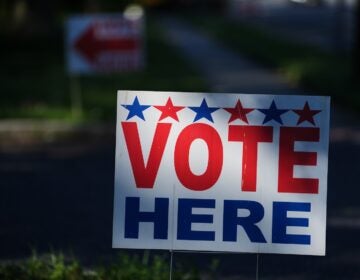 A sign directs voters to a polling place for the New Jersey primary election in Cherry Hill Township, N.J., Tuesday, June 2, 2026.