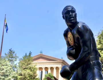 joe-frazier-bp-2026-06-29 The Joe Frazier statue in its new location, with the Art Museum seen in the background.
