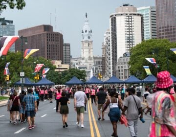 Attendees walk along Benjamin Franklin Parkway