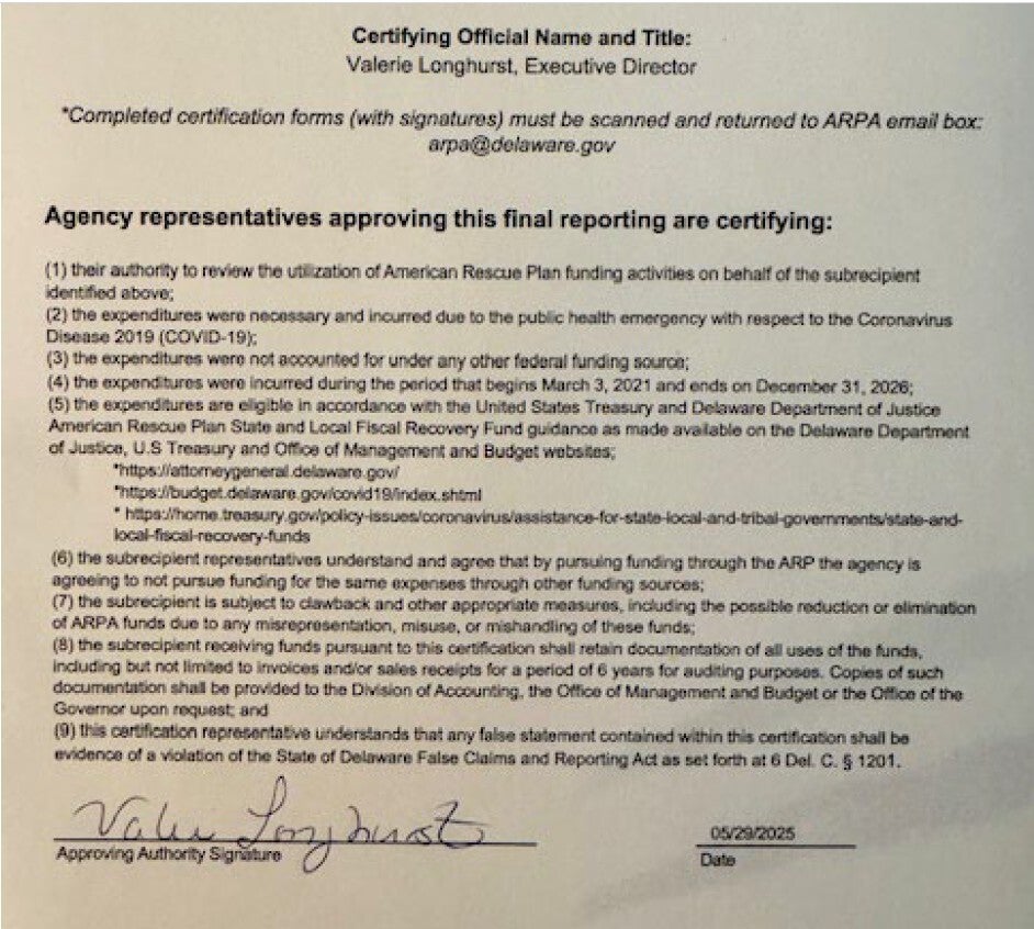 A scan of a document that Longhurst signed.