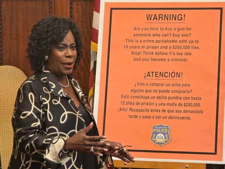 Cherelle Parker speaking at a press conference in front of a poster outlining new gun regulations.