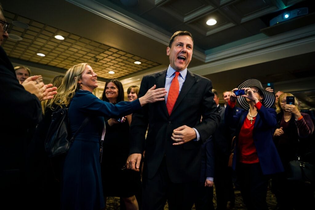 Tom Kean welcomed by. supporters during the election night partyl