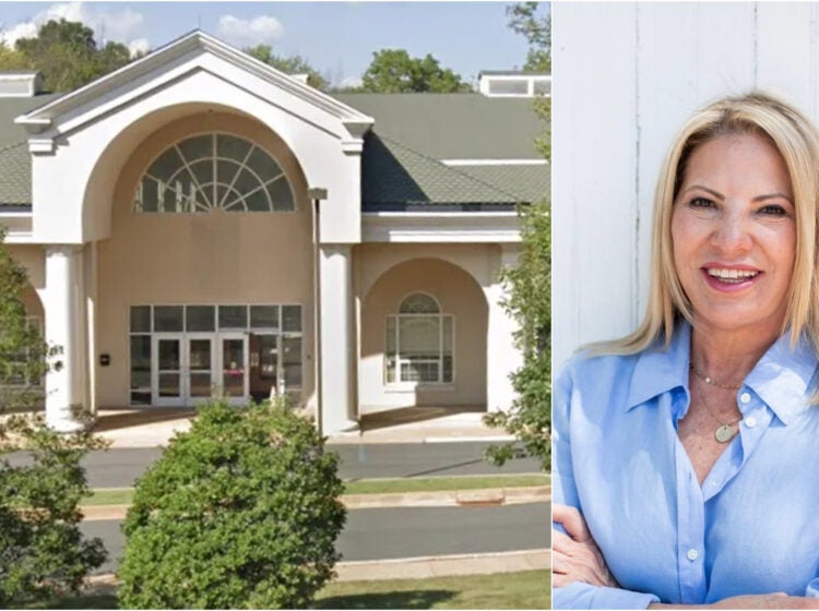 The front of the PAL building, next to a headshot of Valerie Longhurst.