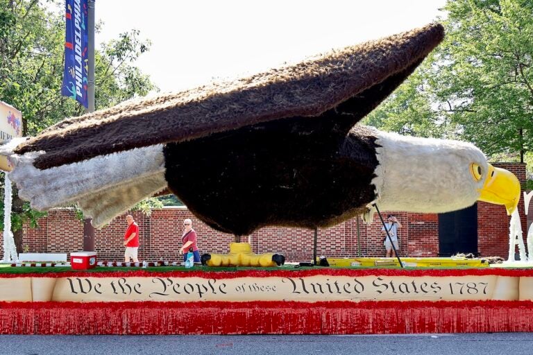 A float on Sixth Street stands idle after Philadelphia’s Fourth of July parade was canceled due to the heat.