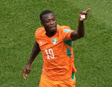 Ivory Coast's Nicolas Pepe (19) celebrates after scoring the opening goal during the World Cup Group E soccer match