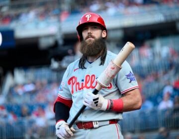 Phillies Nationals Baseball Philadelphia Phillies' Brandon Marsh looks on during a game against the Washington Nationals on June 25, 2026, in Washington.