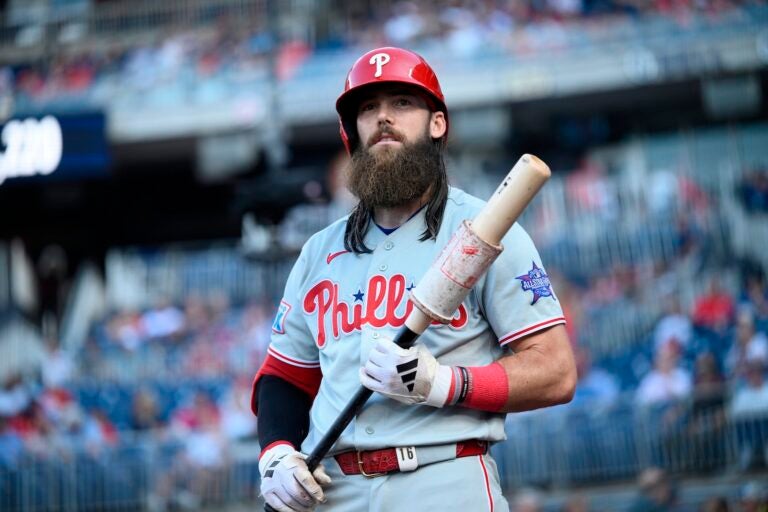 Philadelphia Phillies' Brandon Marsh looks on during a game against the Washington Nationals on June 25, 2026, in Washington.