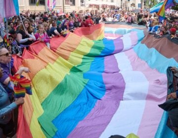 Many people holding up a massive Pride flag