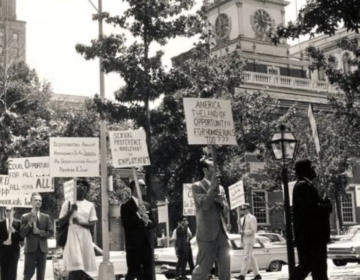 protesters-7-4-65-temple-urban-archives Protesters marching in front of the building holding up signs.
