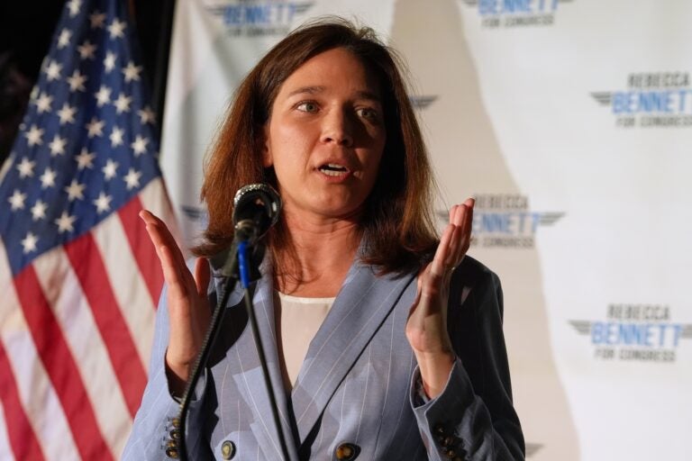 Rebecca Bennett, Democratic candidate for New Jersey's 7th Congressional District, speaks during a primary election night watch party after winning the Democratic nomination Tuesday, June 2, 2026, in Bridgewater, N.J