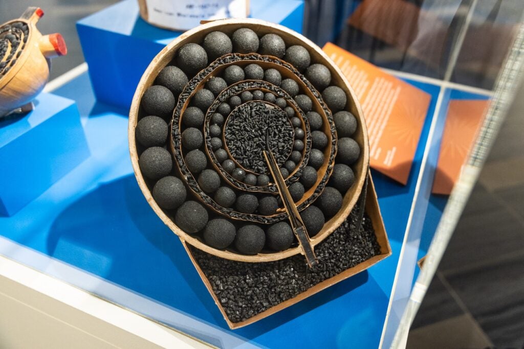 The inside of a fireworks shell on display at the fireworks history exhibit at the Science History Institute in Philadelphia